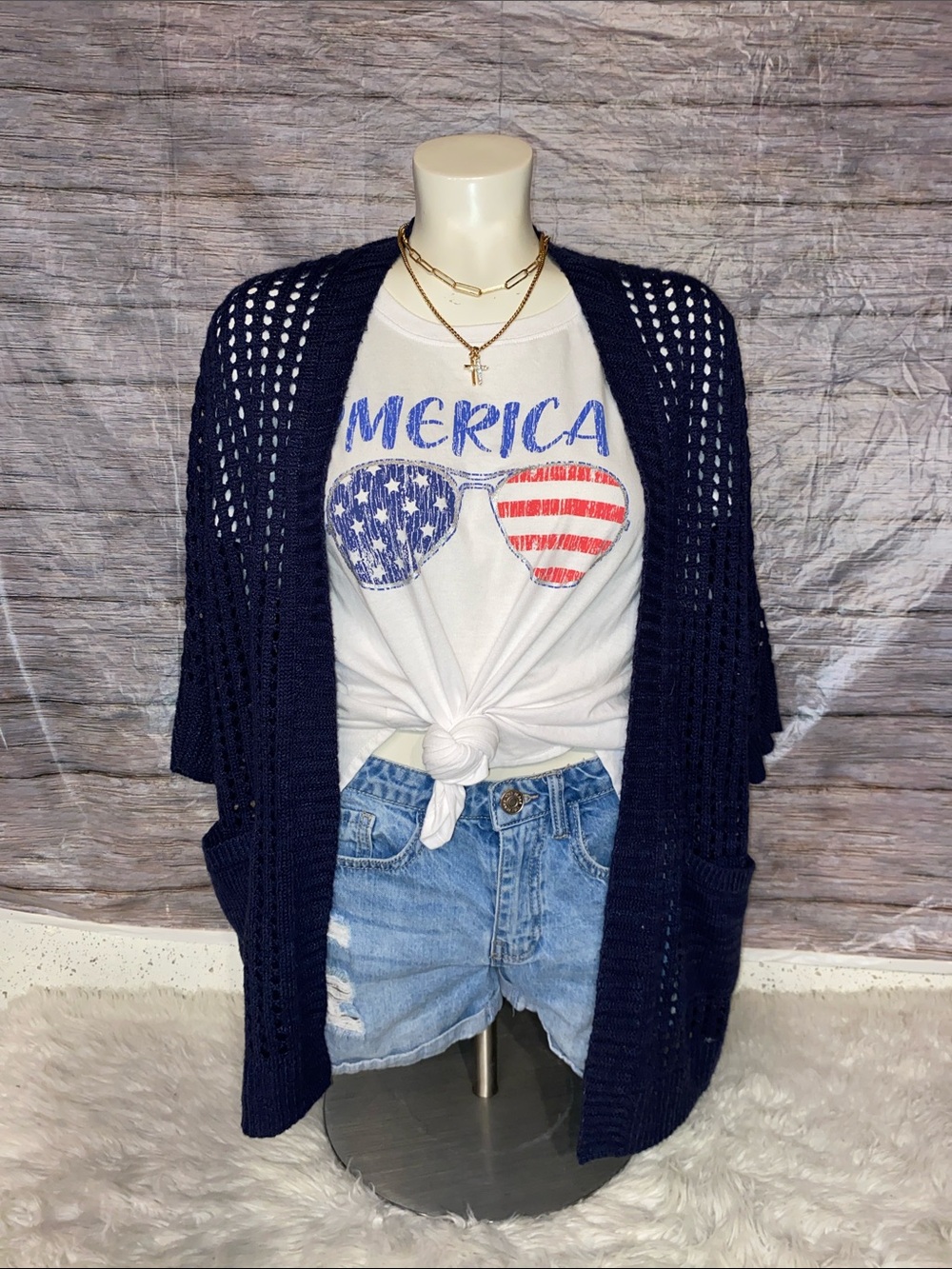 Maurices Navy Americana Open Weave Dolman Cardigan